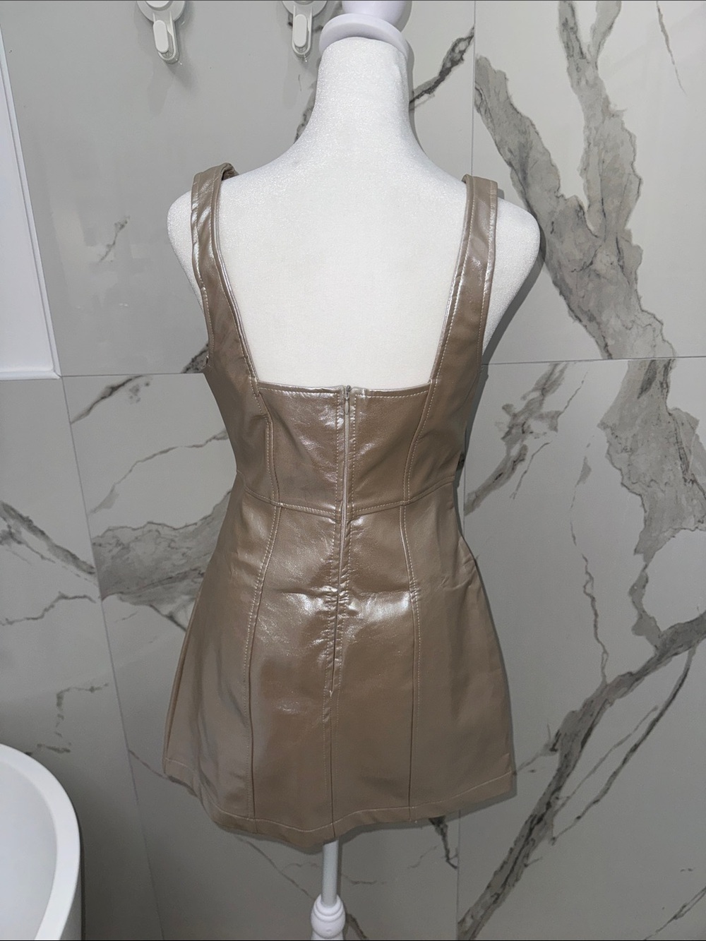NWT Nasty Gal Metallic Taupe Faux Leather Square-Neck Mini Dress - Picture 8 of 11
